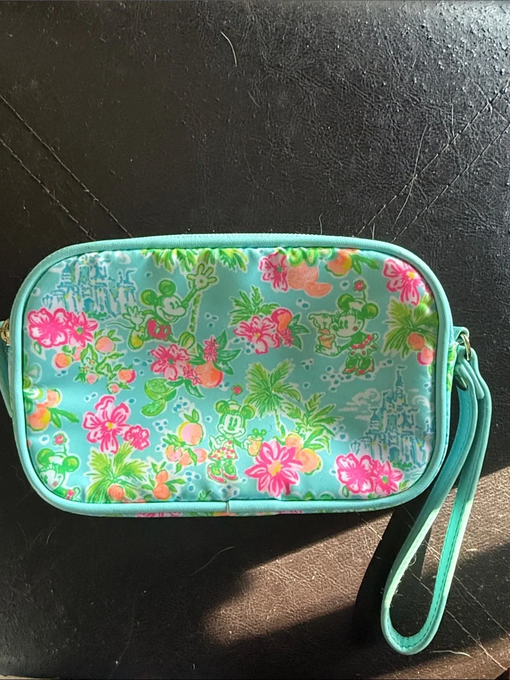 Lilly Pulitzer Aqua Floral Mickey Wristlet with Pink & Green Accents